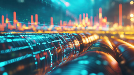 Close up of digital business stock market screen showing fluctuating oil price graph with oil barrels and financial chart elements in background.