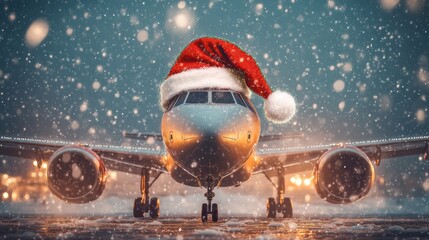 Airplane wearing santa hat taxiing on runway during snowfall