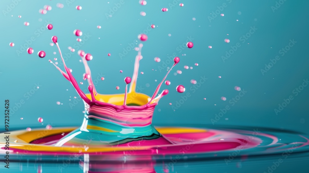 Poster artistic representation of droplet collisions in liquid art, creating visually striking and expressi