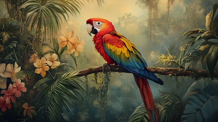 A vibrant parrot perched on a tropical branch
