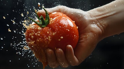Hand Smashing a Tomato: A hand smashing a ripe tomato, with juice and seeds splattering out.
