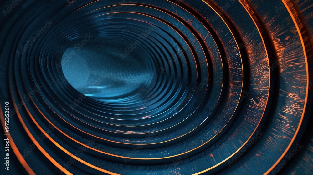 Poster a captivating abstract tunnel with smooth curves and vibrant blue and orange lighting, creating a se
