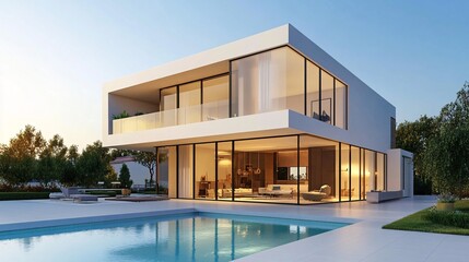 23. Architecture 3D rendering illustration of a minimal modern house with swimming pool. Clean and elegant 3D rendering of a modern home with a chic swimming pool, perfect for highlighting minimalist