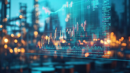 Obraz premium Close up of digital business stock market screen showing fluctuating oil price graph with oil barrels and financial chart elements in background.
