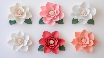 Colorful paper flowers arranged beautifully, showcasing delicate petals and green leaves on a clean white background.