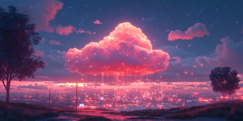 Glowing pink cloud hovering over futuristic city at sunset