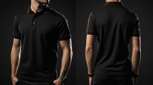 A man models a black polo shirt, showcasing the front and back view, against a dark background, highlighting the shirt's fit and style.
