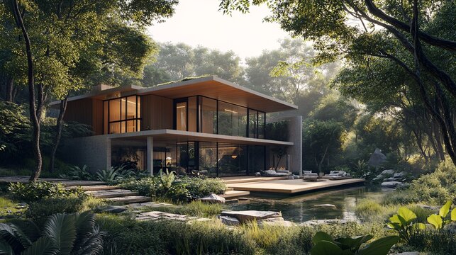 26. Architecture 3D rendering illustration of the modern house with a natural landscape. Striking 3D rendering of a modern house set within a lush natural landscape, highlighting the harmony between