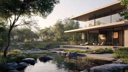 Obraz premium 28. Architecture 3D rendering illustration of the modern house with a natural landscape. Elegant 3D rendering of a contemporary house with expansive windows, seamlessly integrated into a picturesque
