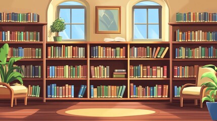 Cartoon illustration of a library interior with wooden bookshelves, comfy chairs, windows, and a plant.