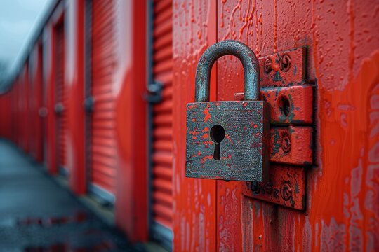 Secure padlock on vibrant orange self storage unit door showcasing available rental options