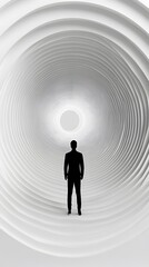 Obraz premium A man stands in the center of an infinite white void, with swirling vortices around him, creating an otherworldly atmosphere