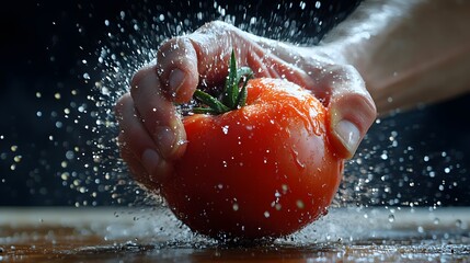 Hand Smashing a Tomato: A hand smashing a ripe tomato, with juice and seeds splattering out.
