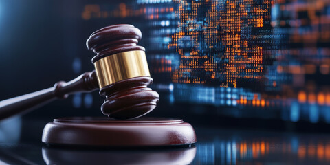 A judge's gavel placed in front of a backdrop of digital code and data, symbolizing cyber law, data privacy, and legal issues in the digital age.
