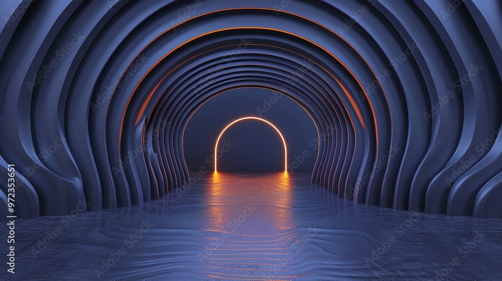 Poster a captivating tunnel scene with smooth curves, illuminated by a glowing arch, creating a serene and 