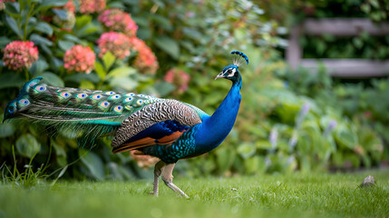 Obraz premium A vibrant peacock with its feathers fully fanned