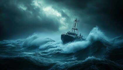 A lone boat battles raging waves during a powerful storm.