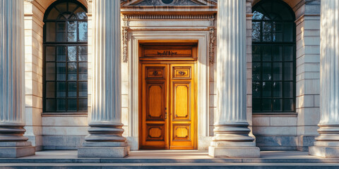 Fototapeta premium A stately courthouse entrance with large wooden doors, framed by tall stone columns and windows, illuminated by soft sunlight, symbolizing law and justice. 