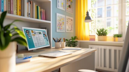Bright wooden desk with a white bookcase, newspaper laid out with vibrant cartoon