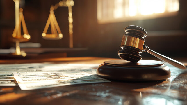 A judge's gavel resting on scattered dollar bills in a courtroom, symbolizing legal cases related to finance, lawsuits, or monetary judgments.
