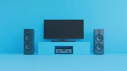 Obraz premium 40. Minimal home theater room concept. TV and speakers isolated on pastel blue background. 3D rendering. Elegant 3D illustration of a minimal home theater room with modern TV and speaker setup