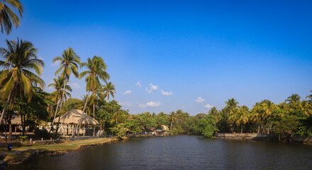 Breathtaking view of El Tunco's river surrounded by lush palm trees and clear blue skies in El Salvador