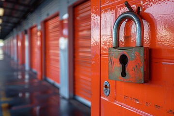 Padlock secured on orange storage unit door   visual guide to available rental storage solutions