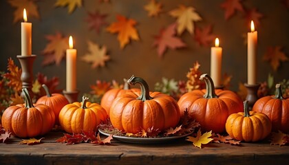 Thanksgiving tabletop display featuring pumpkins fall leaves candles and seasonal harvest elements capturing the essence of the autumn season.