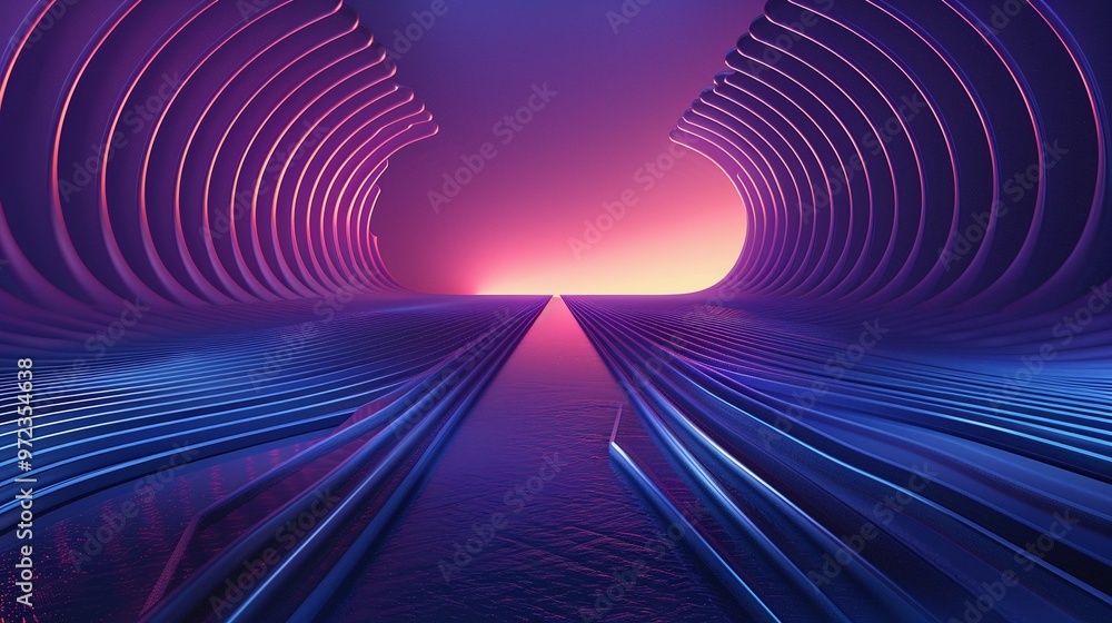Poster a futuristic landscape with vibrant neon colors and wave-like patterns creating a surreal atmosphere