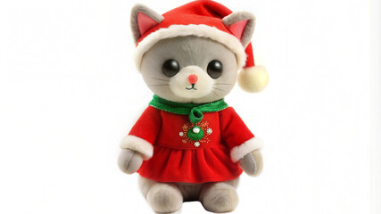Christmas plush kitty wearing a red Santa hat, dressed in a festive outfit, white background