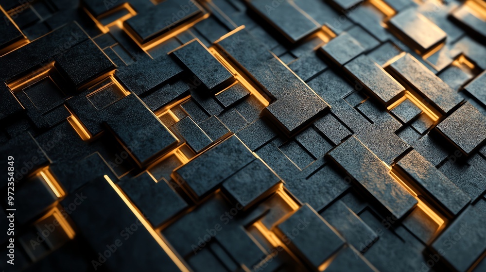Poster abstract dark textured background with glowing lines between geometric shapes.