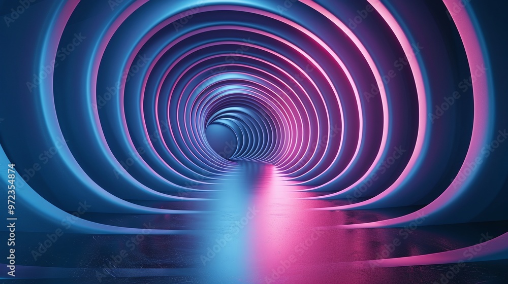 Poster a futuristic tunnel featuring vibrant blue and pink lights, creating a mesmerizing visual effect of 