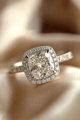 A close-up of a stunning diamond engagement ring with a cushion cut, displayed prominently against a sophisticated backdrop