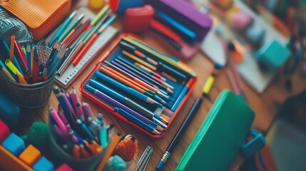 Close up of a desk with colorful school supplies.
