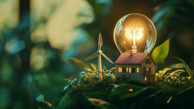 59. Light bulb illuminated with a tiny windmill and eco-friendly house inside, placed on a lush green background, showcasing renewable energy solutions
