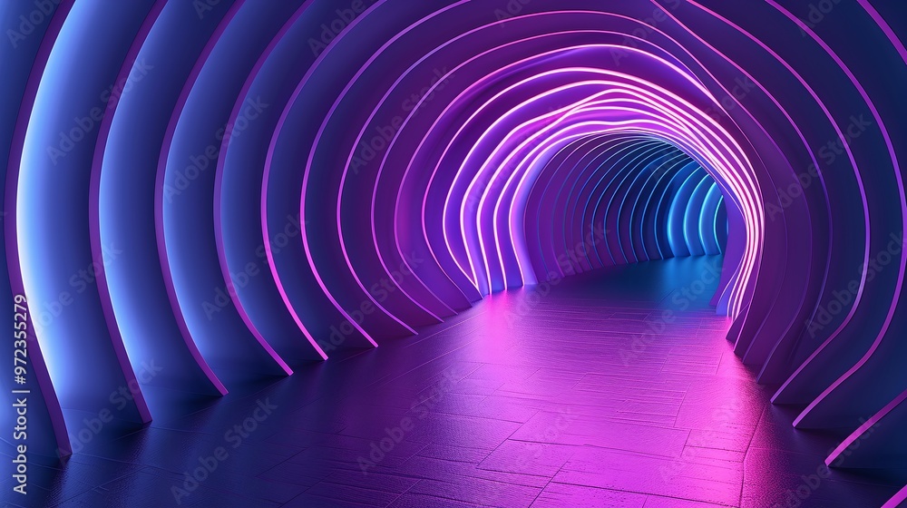 Poster a futuristic tunnel illuminated with vibrant neon lights, creating a surreal and enchanting atmosphe