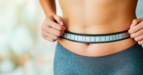 Woman measuring waist with a tape measure in a bright indoor space, copy space for text, lose weight concept
