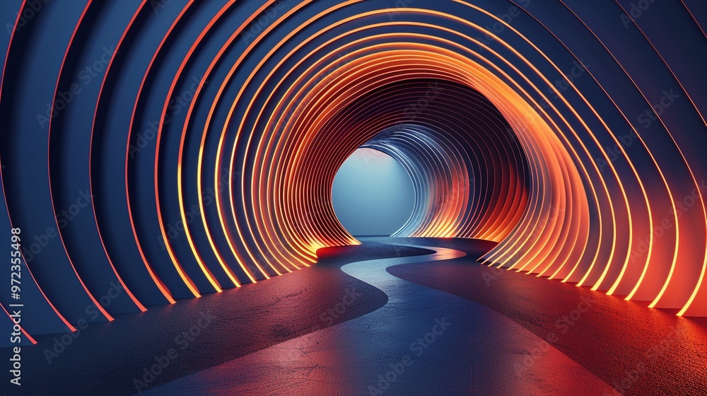 Poster a futuristic tunnel with vibrant glowing lines creating a mesmerizing pathway through the darkness, 