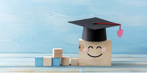 Smiling face with a graduation cap on a wooden cube, representing the joy of education and the choices it brings.