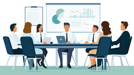 Business meeting in modern flat design, featuring a coach and colleagues engaged