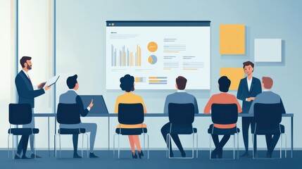 Business training concept in a flat design, showing a group of professionals learning