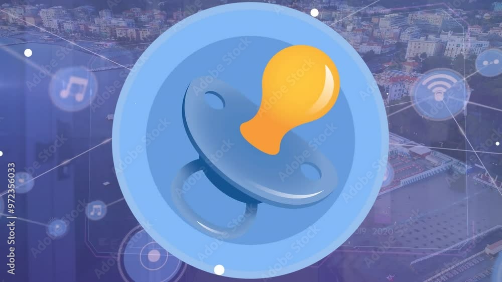 Poster animation of dummy over network of connections with icons over landscape background