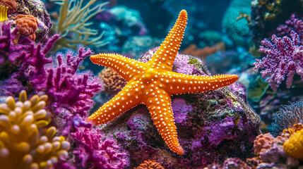 A vibrant starfish clinging to a rock