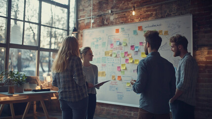 Creative team brainstorming in modern loft office with whiteboard and sticky notes