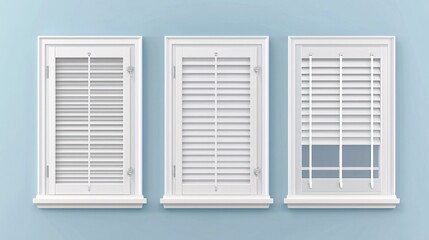 Fototapeta premium 78. Detailed 3D vector set of a window frame with white jalousie, highlighting both closed and open positions, including fabric and plastic roll curtains with a control cord