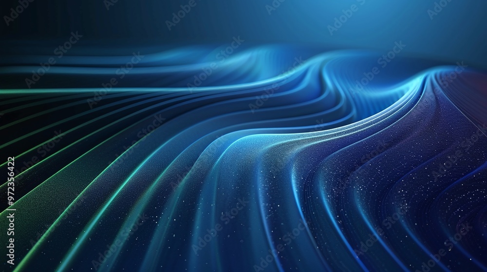 Poster a mesmerizing abstract design featuring dynamic waves of blue and green light, creating a sense of d