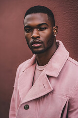 Obraz premium A portrait of an African American male model dressed in trendy, pink-colored clothing