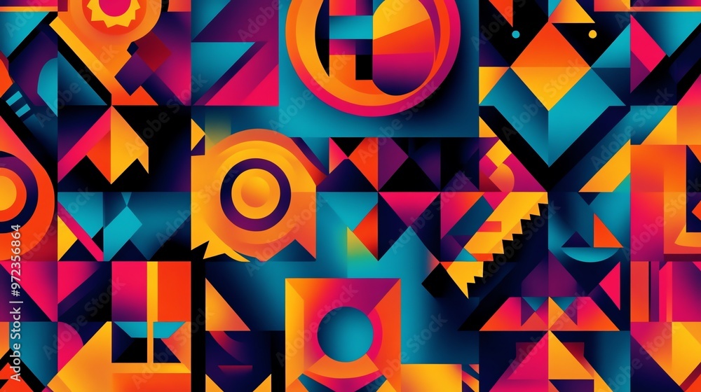 Poster an abstract geometric pattern with bright colors and bold shapes.