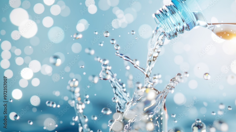 Poster an artistic rendering of water pouring from a bottle, showcasing the fluid dynamics and captivating 