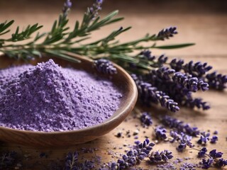 Lavender powder in a decorative dish with fresh and dried lavender sprigs
